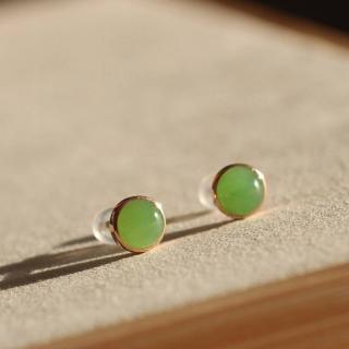 和田玉戒指 精致简约正圆蛋面 苹果绿冰润碧玉 镶嵌18k真金耳坠女